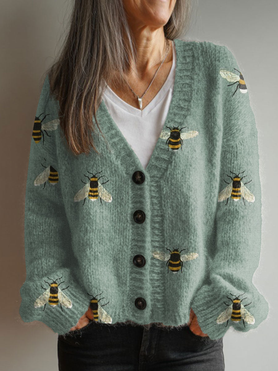 vintage-bee-art-print-buttoned-v-neck-cardigan-sweater