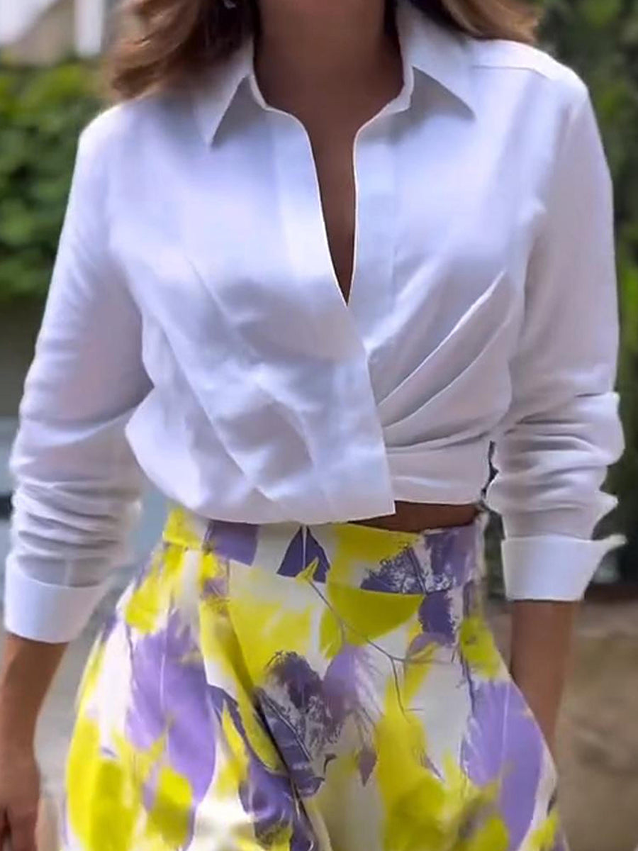 Women's V-neck Pleated Cotton and Linen Shirt