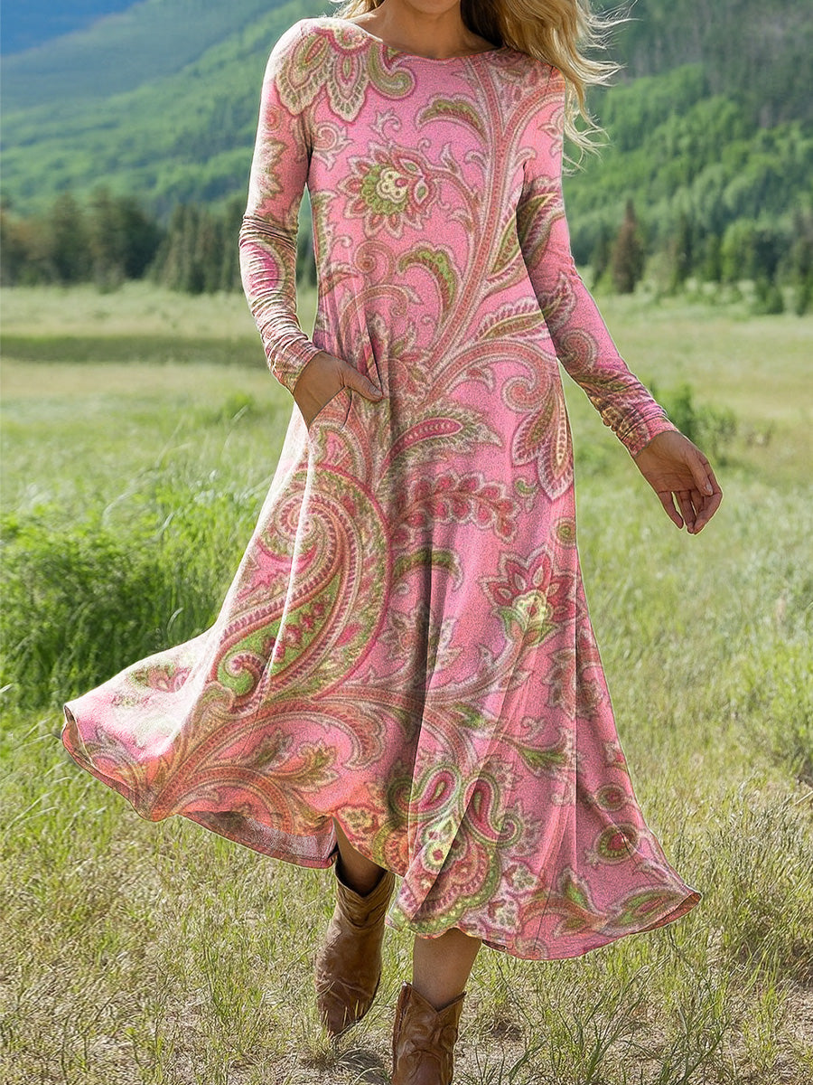 Women's Beautiful Ethnic Paisley Pattern Drawing Art Print Long-sleeved Dress