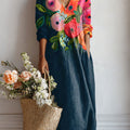 Women's Vintage Flower Art Print Linen Pocket Dress