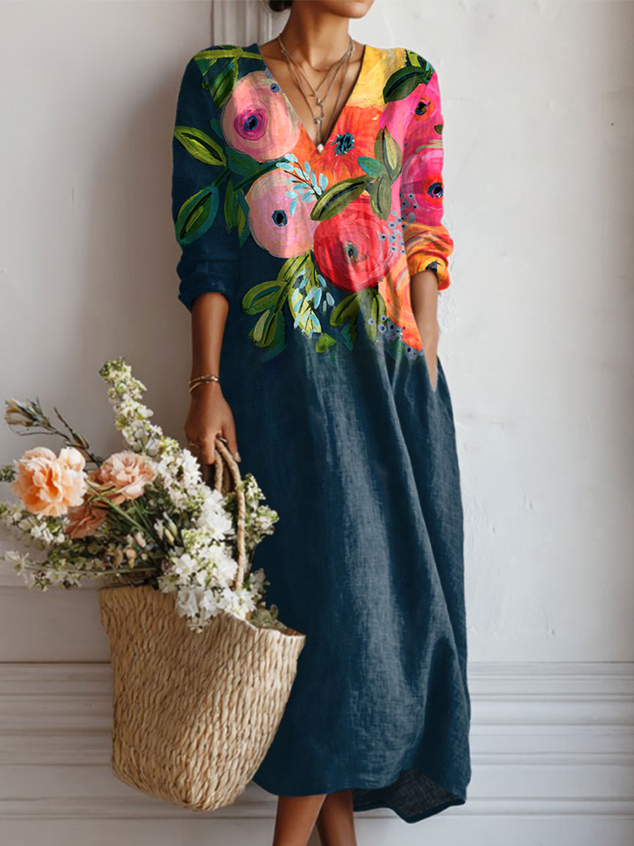 Women's Vintage Flower Art Print Linen Pocket Dress