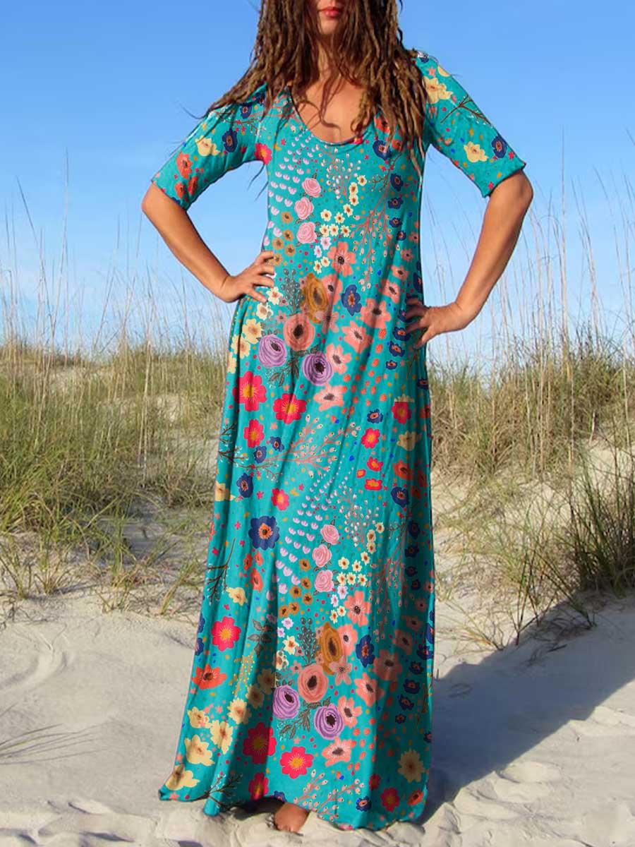 Women's Round Neck Vintage Graphic Print Short Sleeve Dress