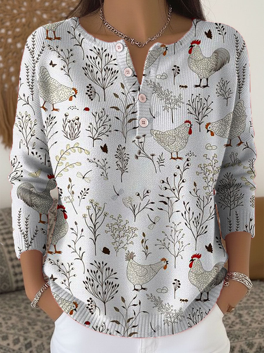 Funny Chicken  Art Print Buttoned Cardigan Sweater