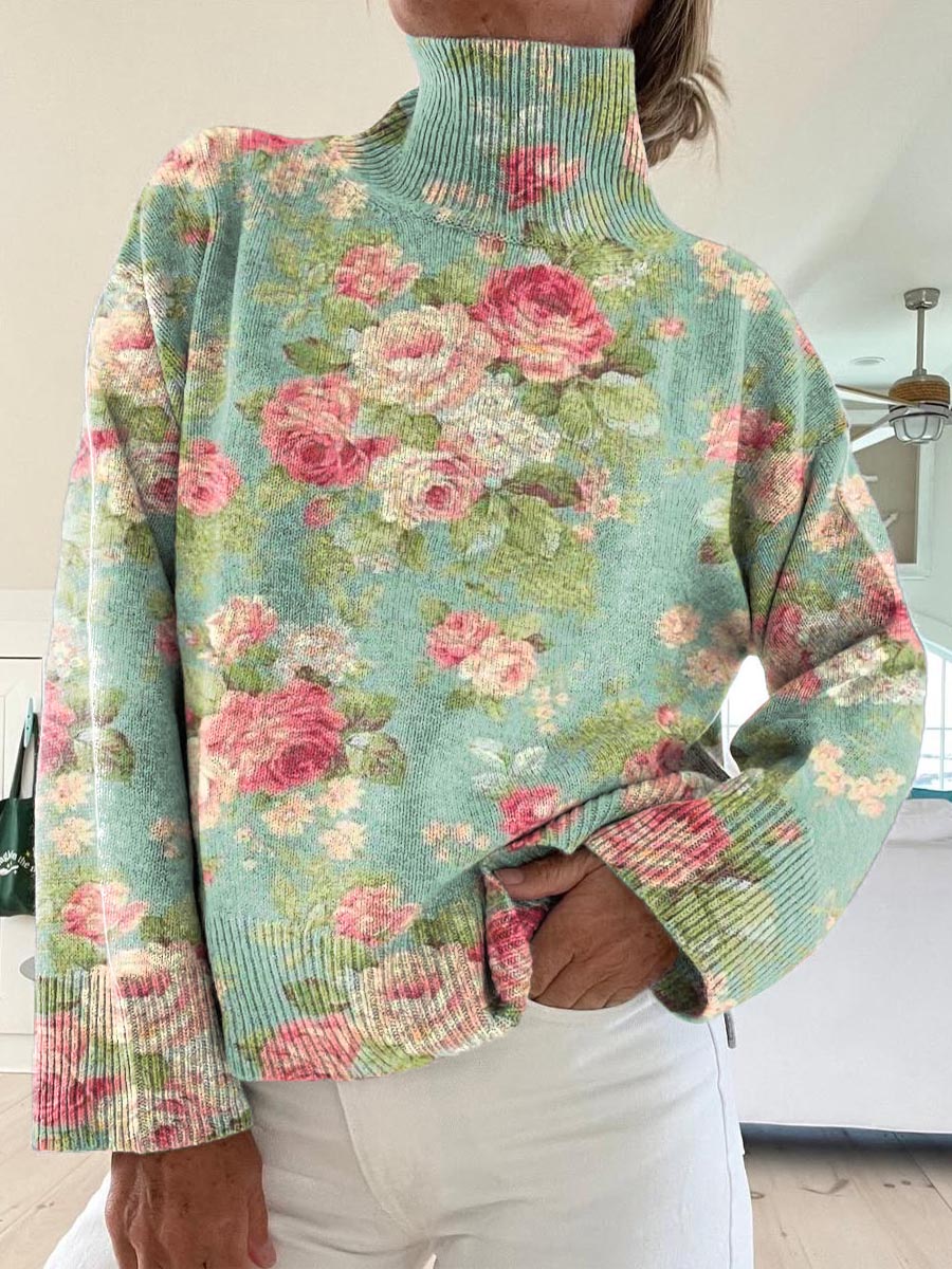 Women's Vintage Lovely Floral Pattern Art Print Knit Turtleneck Pullover Sweater