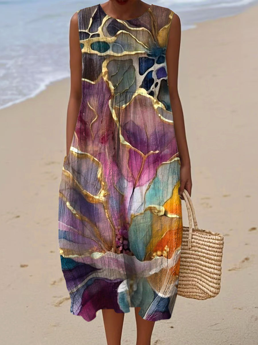 Women's Vintage Flower Art Print Sleeveless Cotton Pocket Wrap Dress