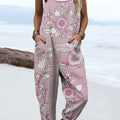 Women's Line and Floral Art Print Casual 100% Cotton Wide Leg Jumpsuit
