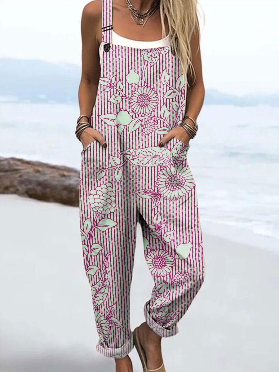 Women's Line and Floral Art Print Casual 100% Cotton Wide Leg Jumpsuit