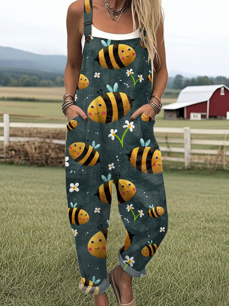 Women's  Funny Bee Art Print Casual 100% Cotton Wide Leg Jumpsuit
