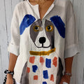 Women's Dog Art Print  Casual Cotton Linen Shirt