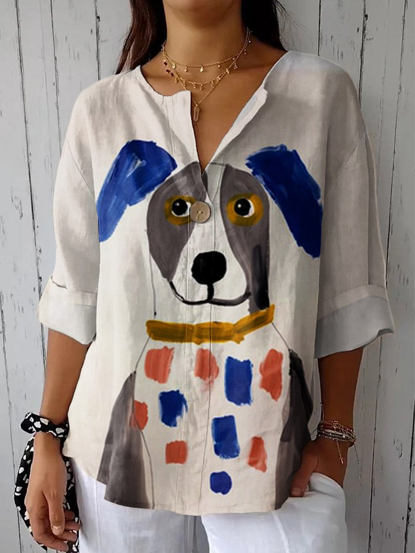 Women's Dog Art Print  Casual Cotton Linen Shirt