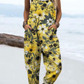 Women's Vintage Bee Floral Art Print Casual 100% Cotton Wide Leg Jumpsuit