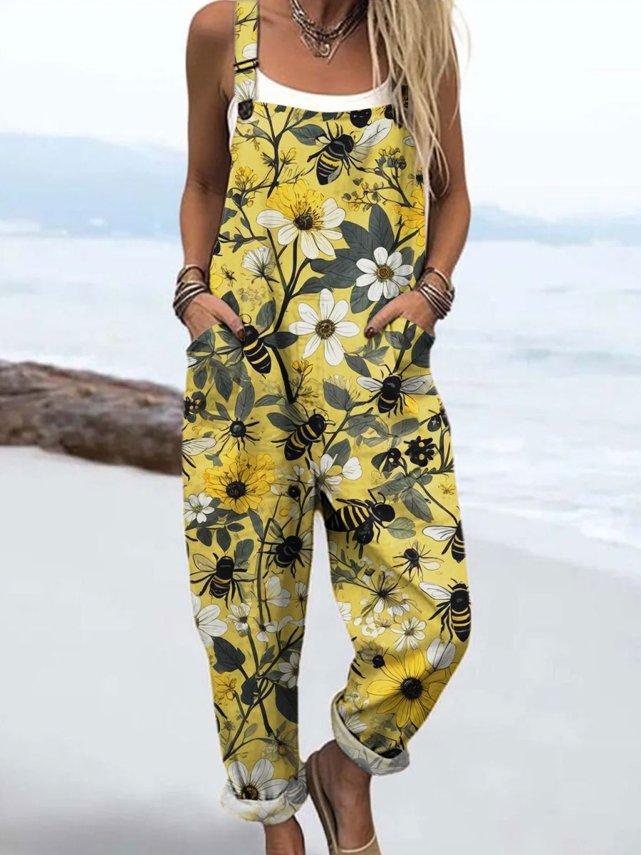 Women's Vintage Bee Floral Art Print Casual 100% Cotton Wide Leg Jumpsuit