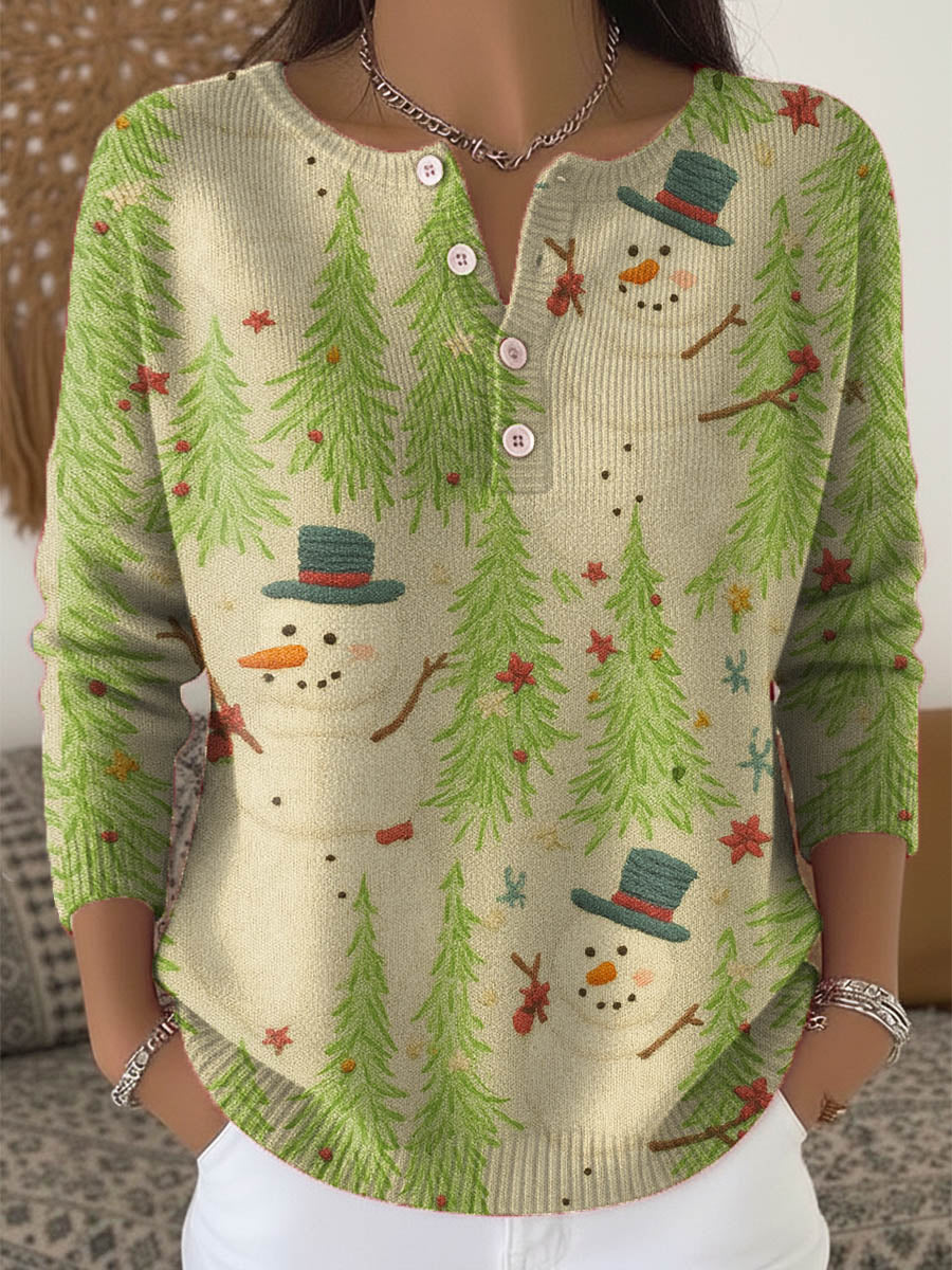 Women's Christmas Snowman Pattern Art Print Buttoned Cardigan Sweater