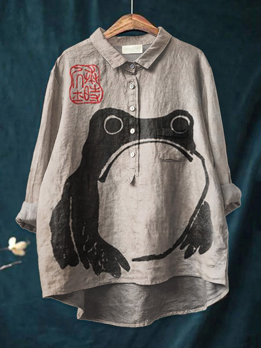 Women's Japanese   Art  Print Casual Cotton And Linen Shirt