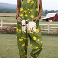 Women's Cute Cow Floral Art Print Casual 100% Cotton Wide Leg Jumpsuit