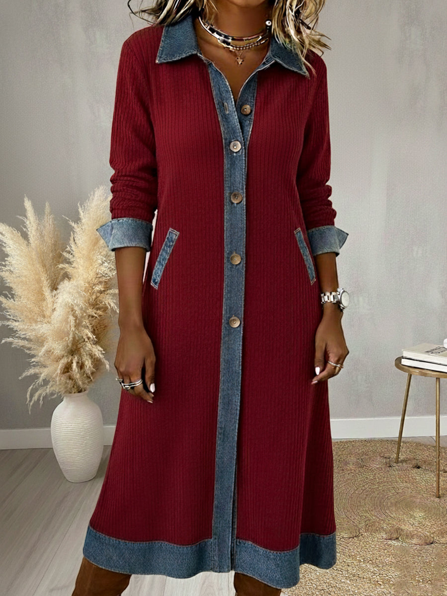 Casual Denim Patchwork Corduroy A-line Midi Dress