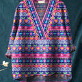 Lovely Ethnic Style Pattern Printed Women's Casual Cotton And Linen V-Neck Shirt