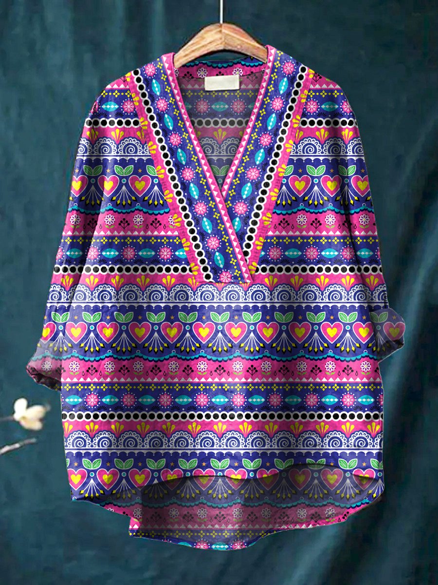 Lovely Ethnic Style Pattern Printed Women's Casual Cotton And Linen V-Neck Shirt