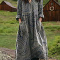 Vintage-Kleid aus Baumwolle mit Cashew-Blumenmuster, Taschen und V-Ausschnitt 