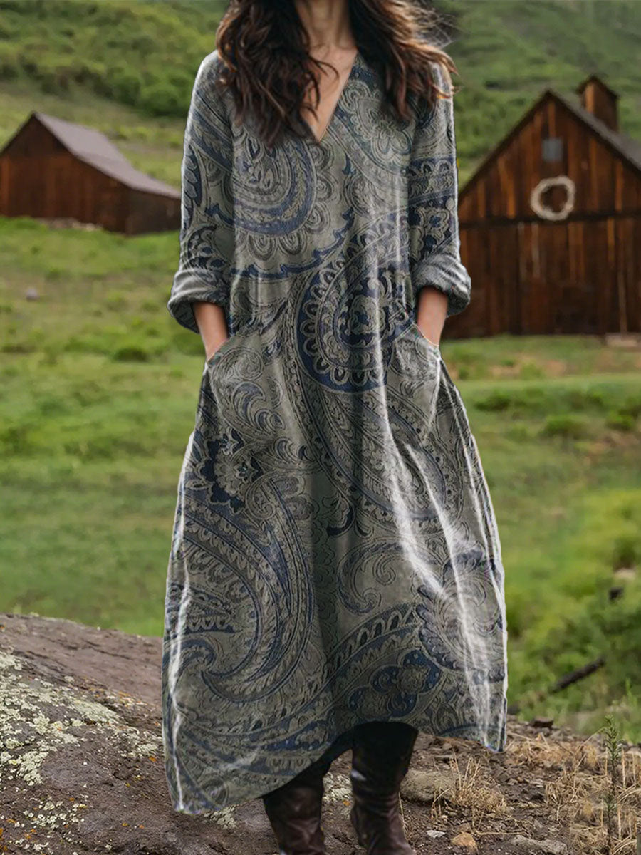 Women's Vintage Cashew Floral Art  Print Pocket V-neck Cotton Dress