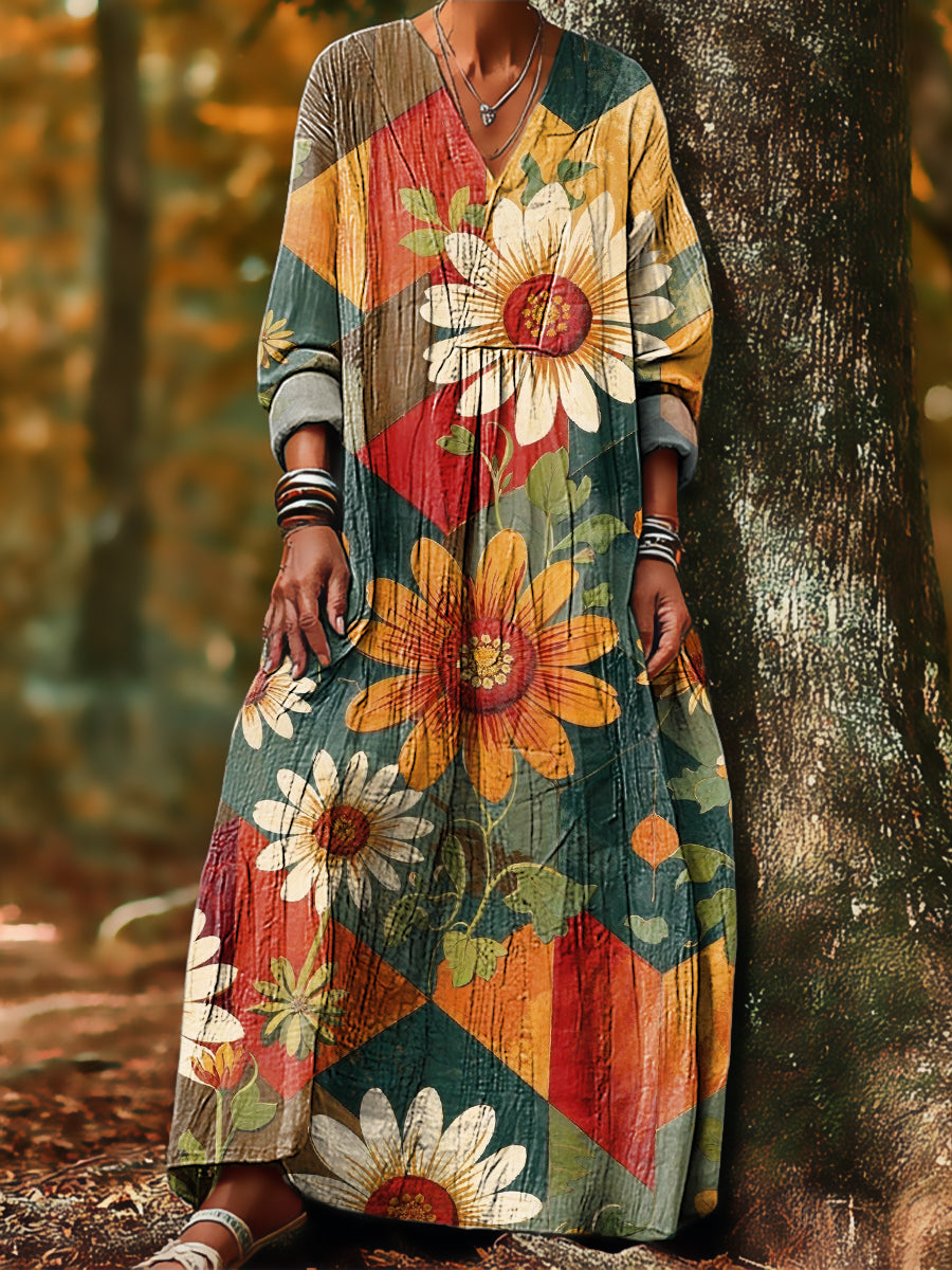 Women's Vintage Large Floral Check Art Print Dress