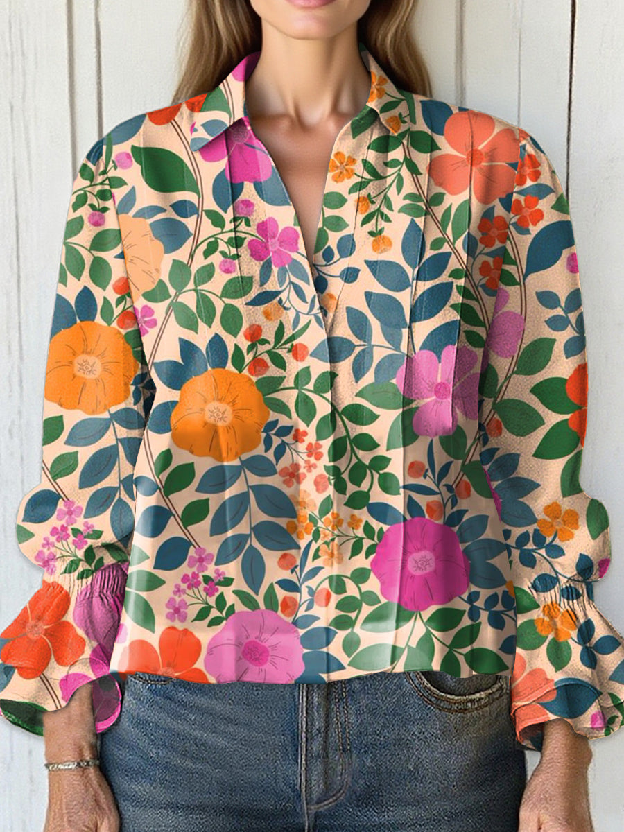 Women's  Vintage Flower Art Print Casual  Cotton And Linen Shirt