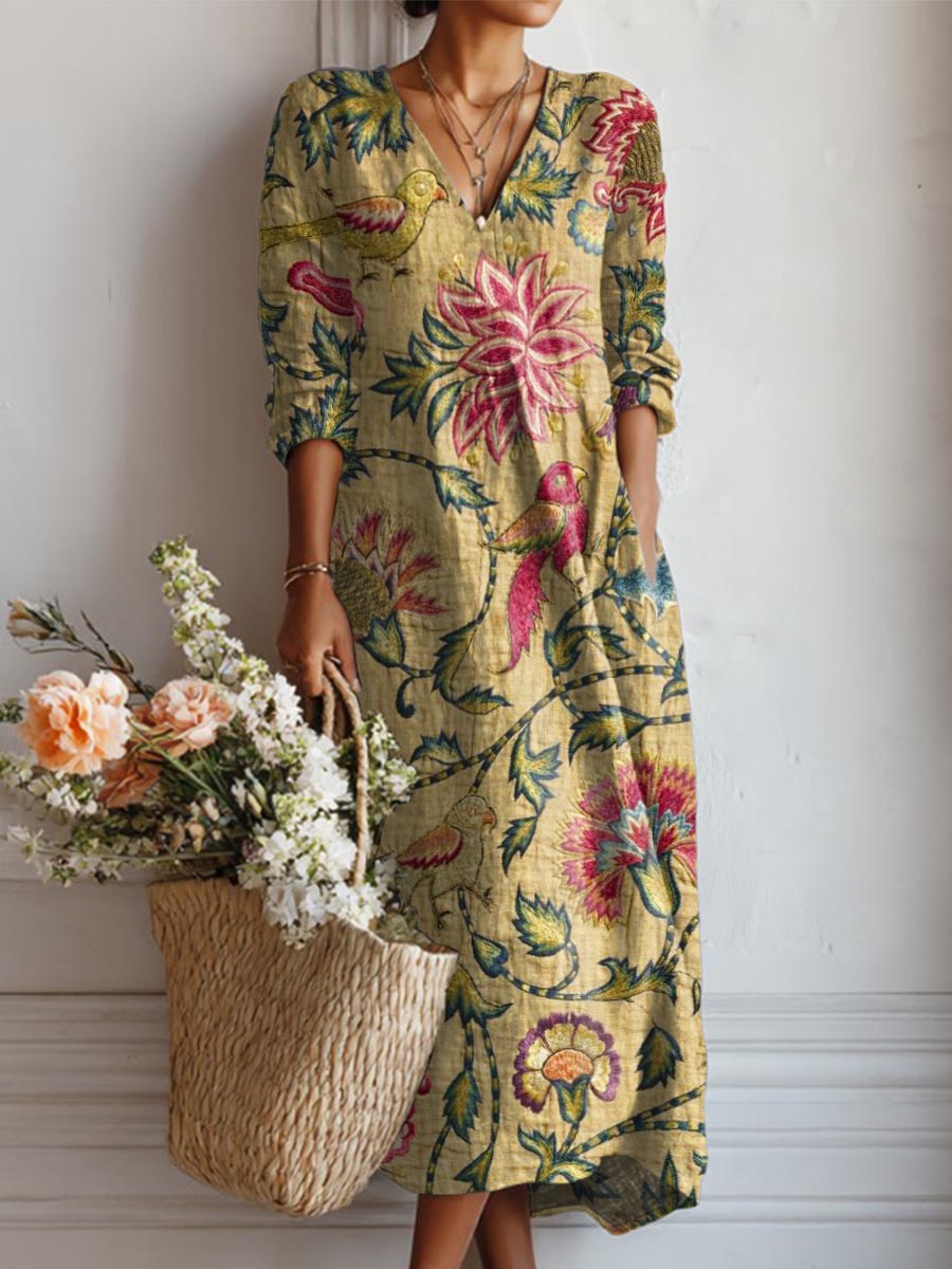 Women's Vintage Floral Art Print Casual Cotton Linen Pocket Dress