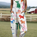 Women's Creative Cartoon Abstract Animals Print Casual 100% Cotton Wide Leg Jumpsuit