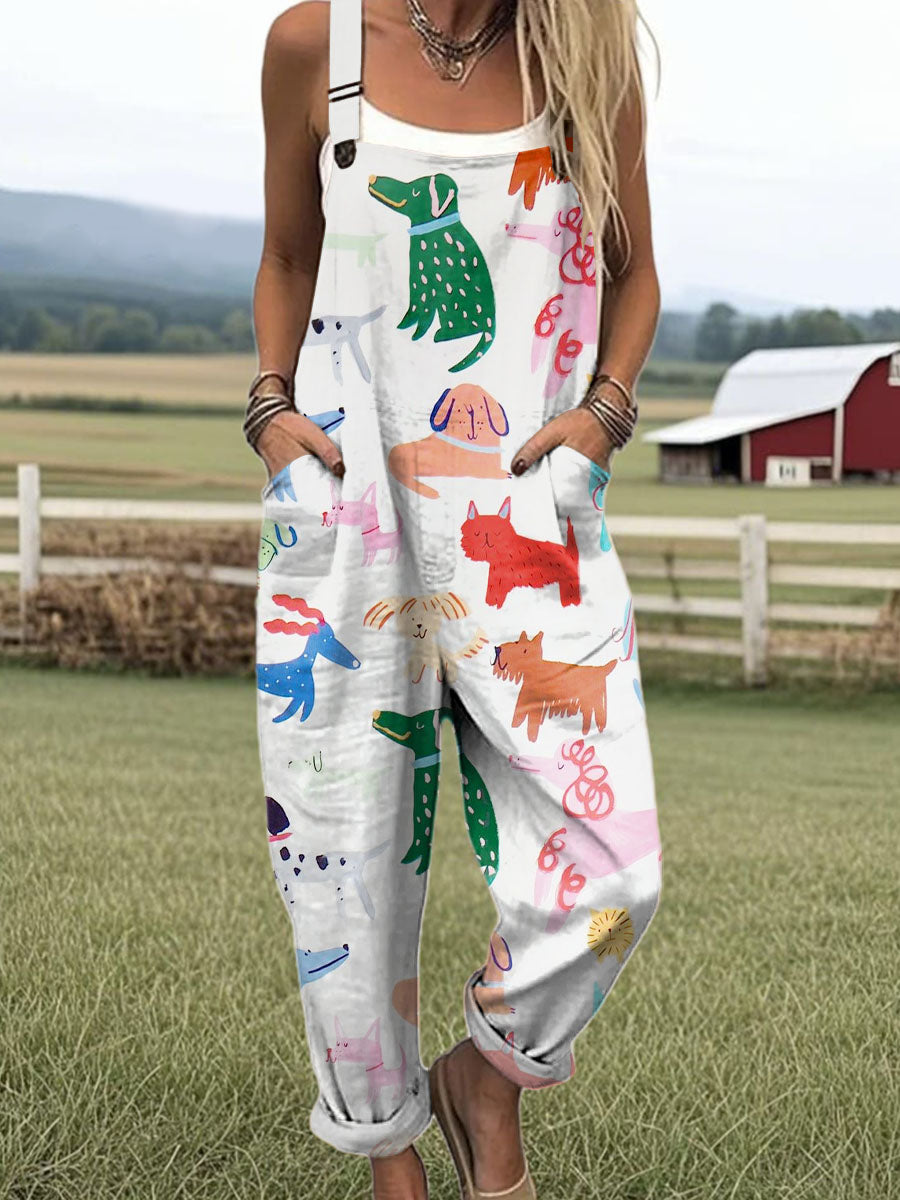 Women's Creative Cartoon Abstract Animals Print Casual 100% Cotton Wide Leg Jumpsuit