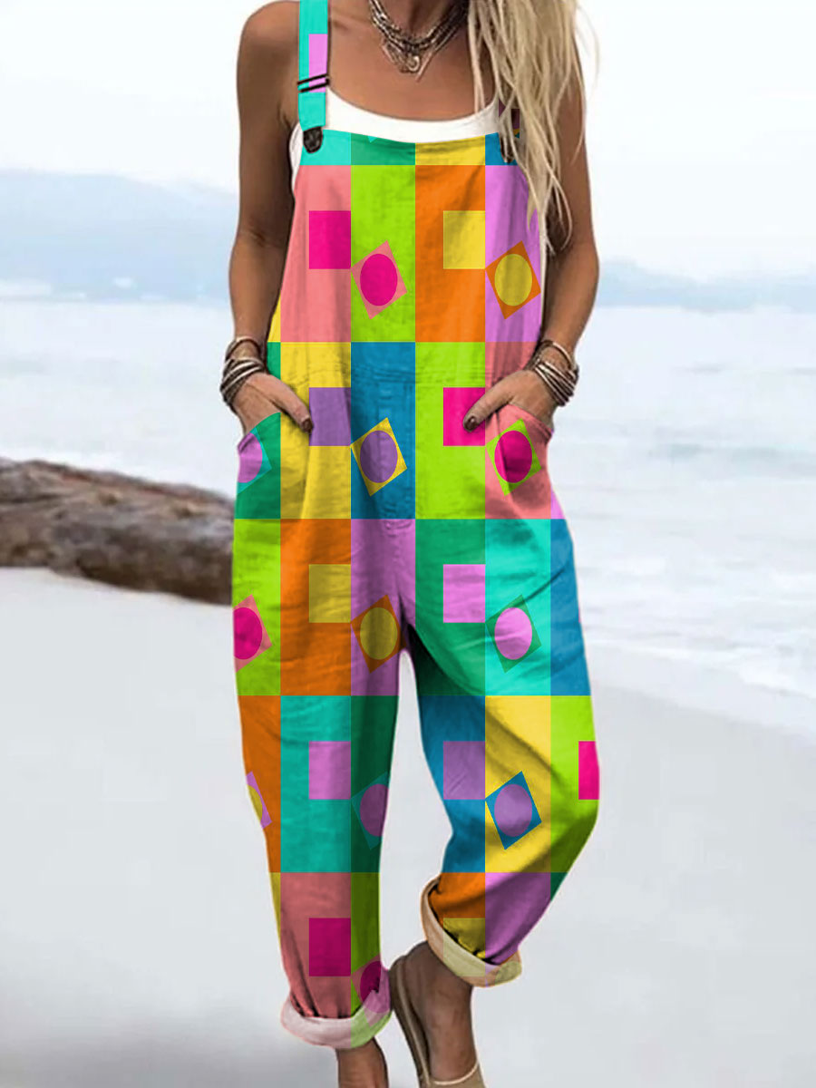Women's Colorful Abstract Color Block Art Print Casual 100% Cotton Wide Leg Jumpsuit