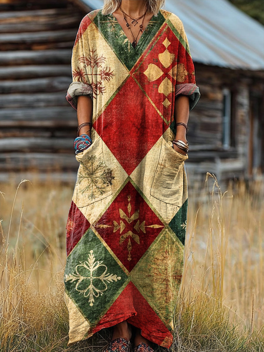 Women's Vintage Diamond Geometric Painting Art Print Pocket V-neck Cotton Dress