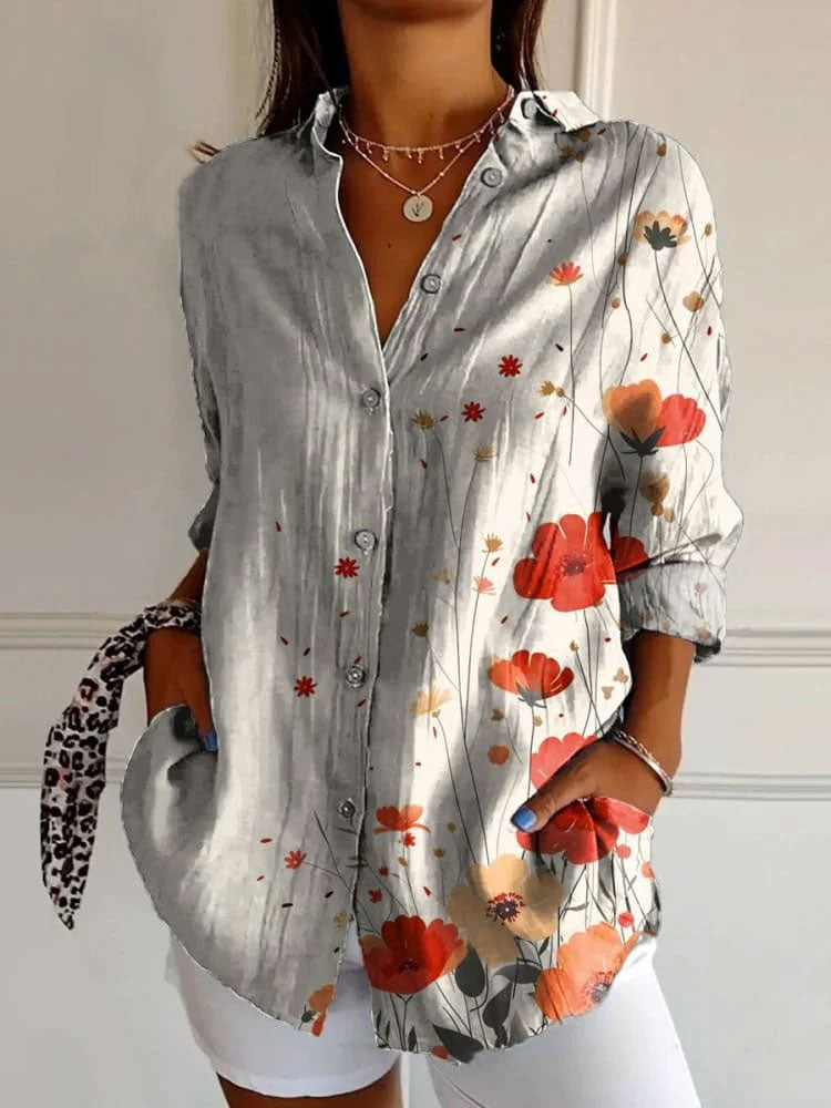 Watercolor Poppy Floral Art Pattern Printed Women's Casual Cotton Shirt