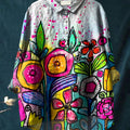 Abstrct Art Flower Printed Women's Casual Cotton And Linen Shirt