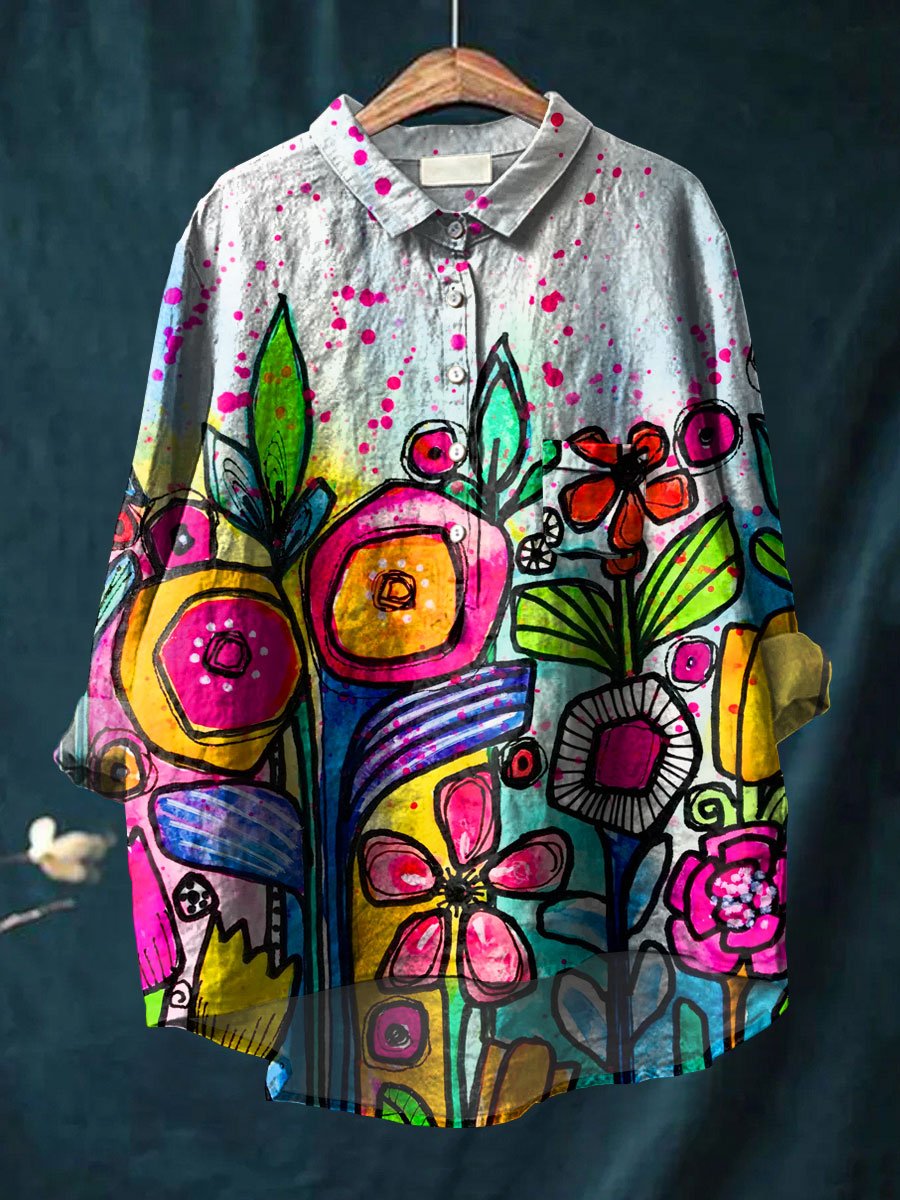 Abstrct Art Flower Printed Women's Casual Cotton And Linen Shirt