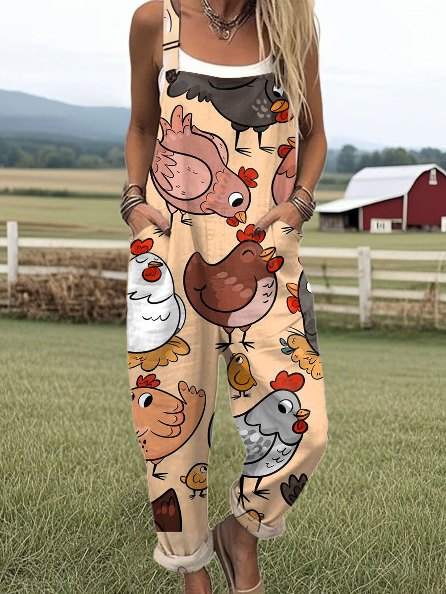 Women's Funny Chick Art Print Casual 100% Cotton Wide Leg Jumpsuit