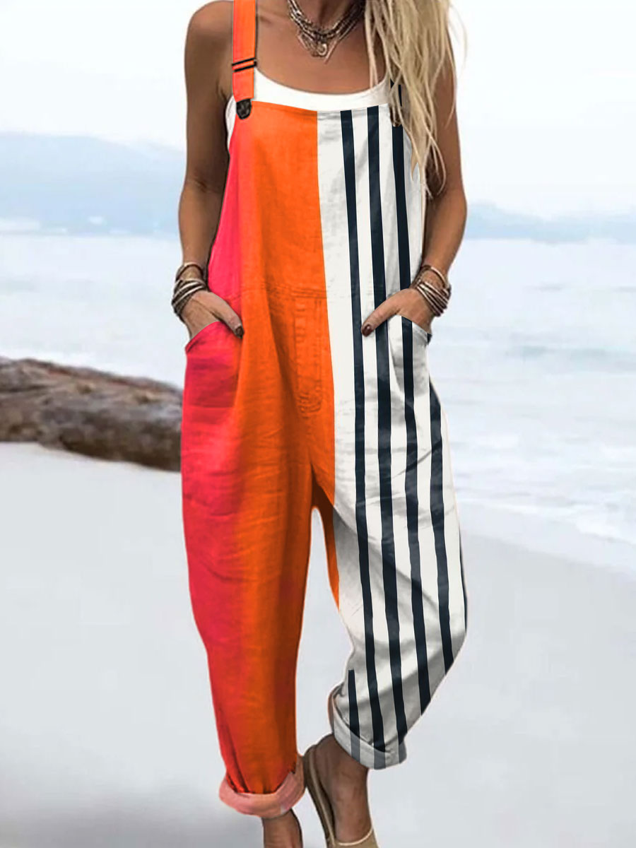 Women's Vintage  Abstract Geometry Art  Print Casual 100% Cotton Wide Leg Jumpsuit