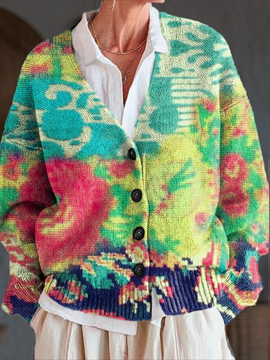 beautiful-colorful-ethnic-floral-painting-art-print-buttoned-v-neck-cardigan-sweater