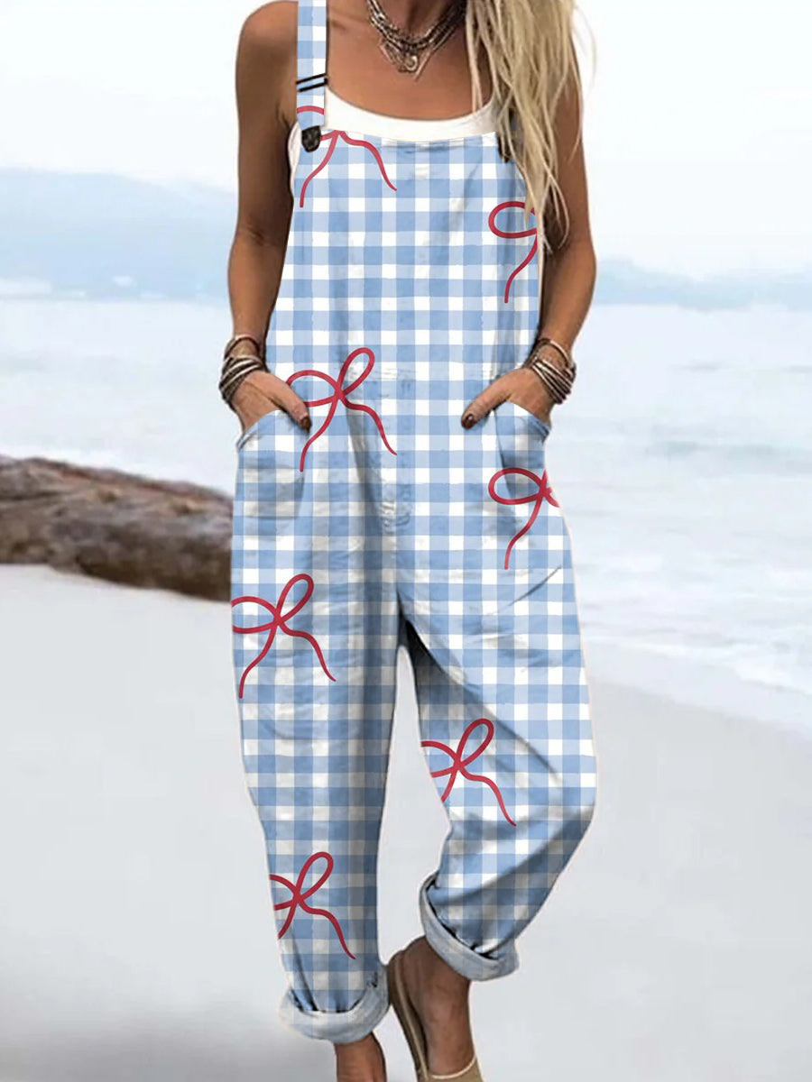 Women's Art Blue Plaid Bow Print Casual 100% Cotton Wide Leg Jumpsuit