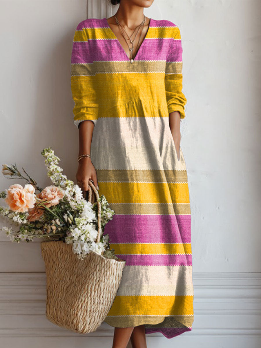 Women's Vintage Abstract Geometry Art Print Linen Pocket Dress