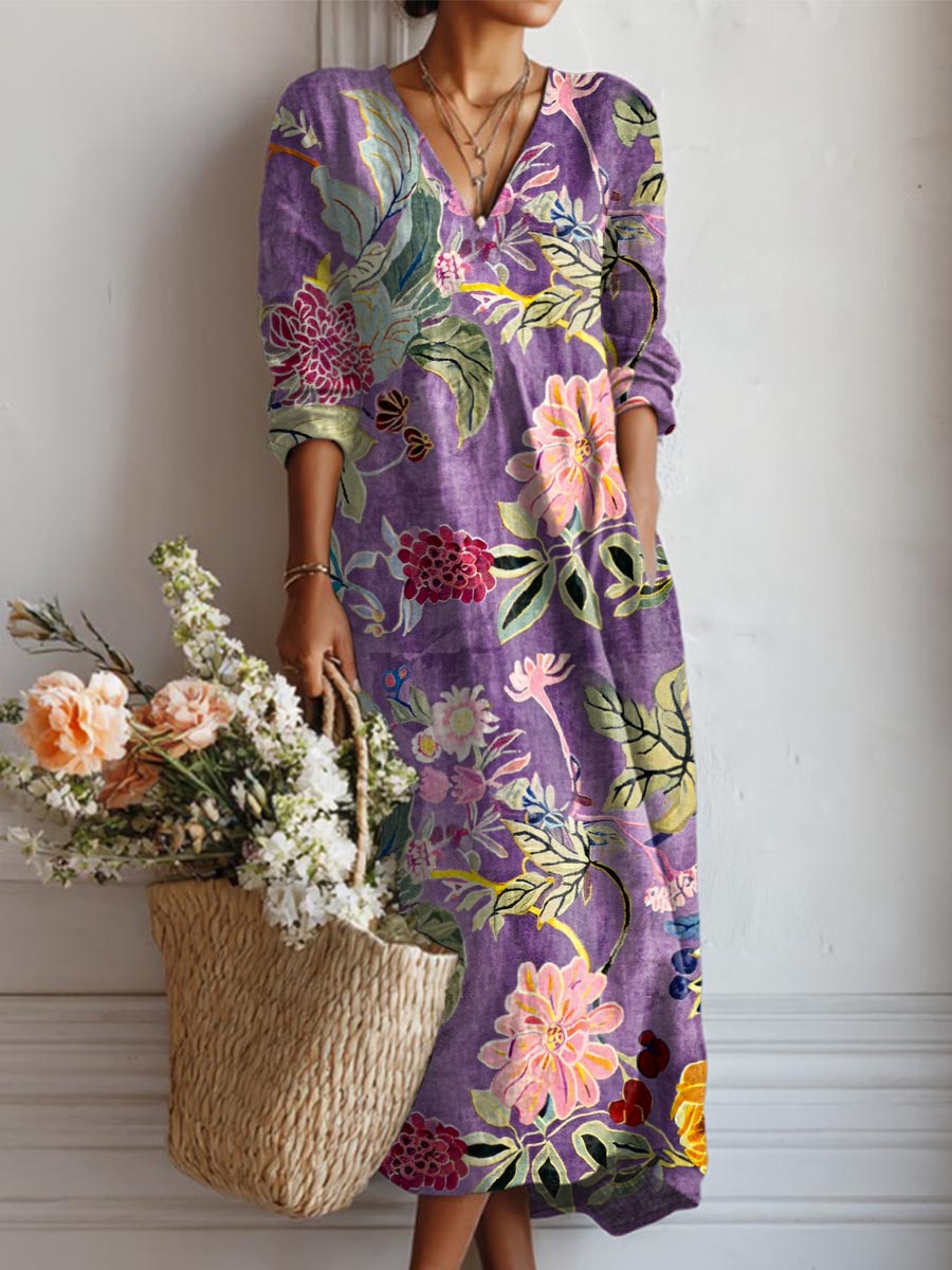Women's Vintage Floral Art Print Casual Cotton Linen Pocket Dress