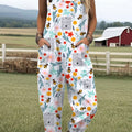 Women's  Flower Bee Art Print Casual 100% Cotton Wide Leg Jumpsuit