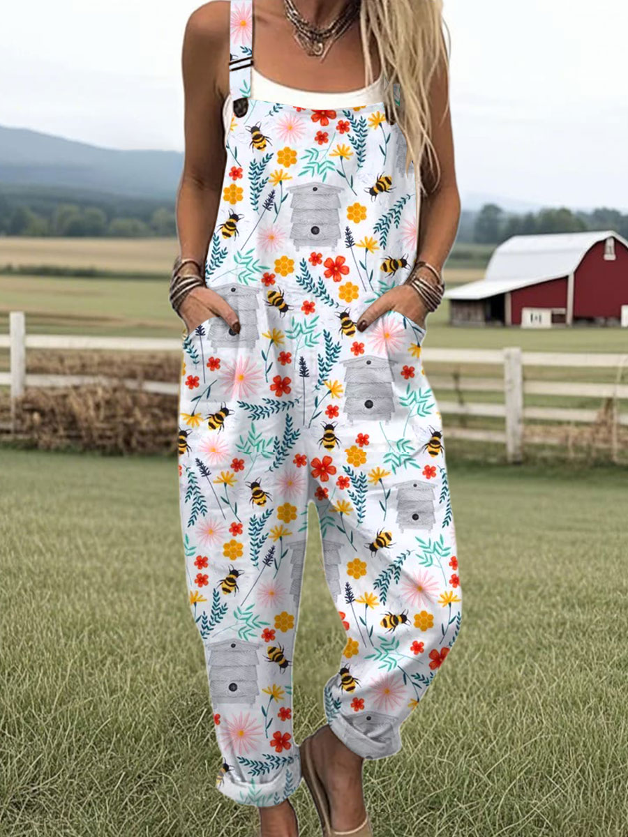 Women's  Flower Bee Art Print Casual 100% Cotton Wide Leg Jumpsuit