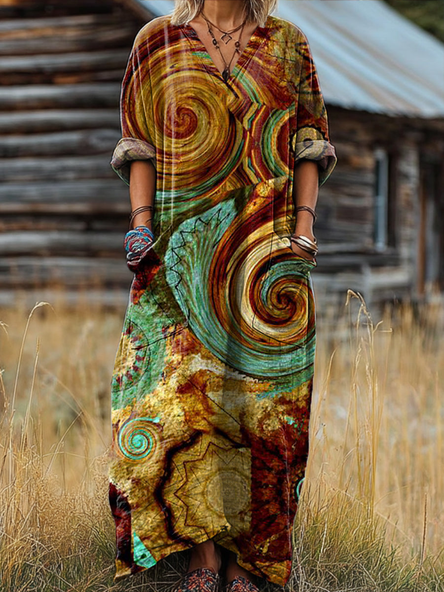 Women's Vintage Abstract Swirl Graffiti Art Print Pocket V-neck Cotton Dress