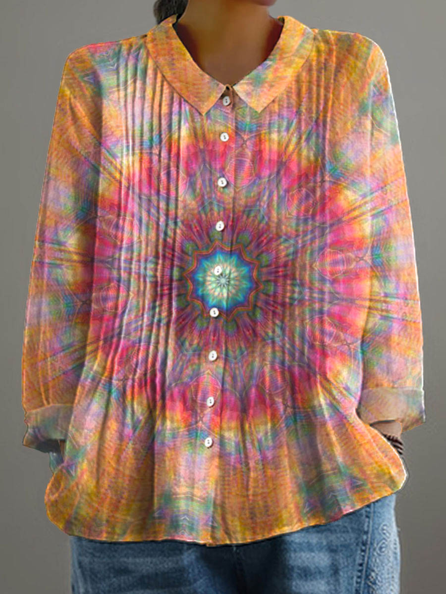 Women's Gradient Pattern Art Print Casual Cotton And Linen Ruffle Shirt