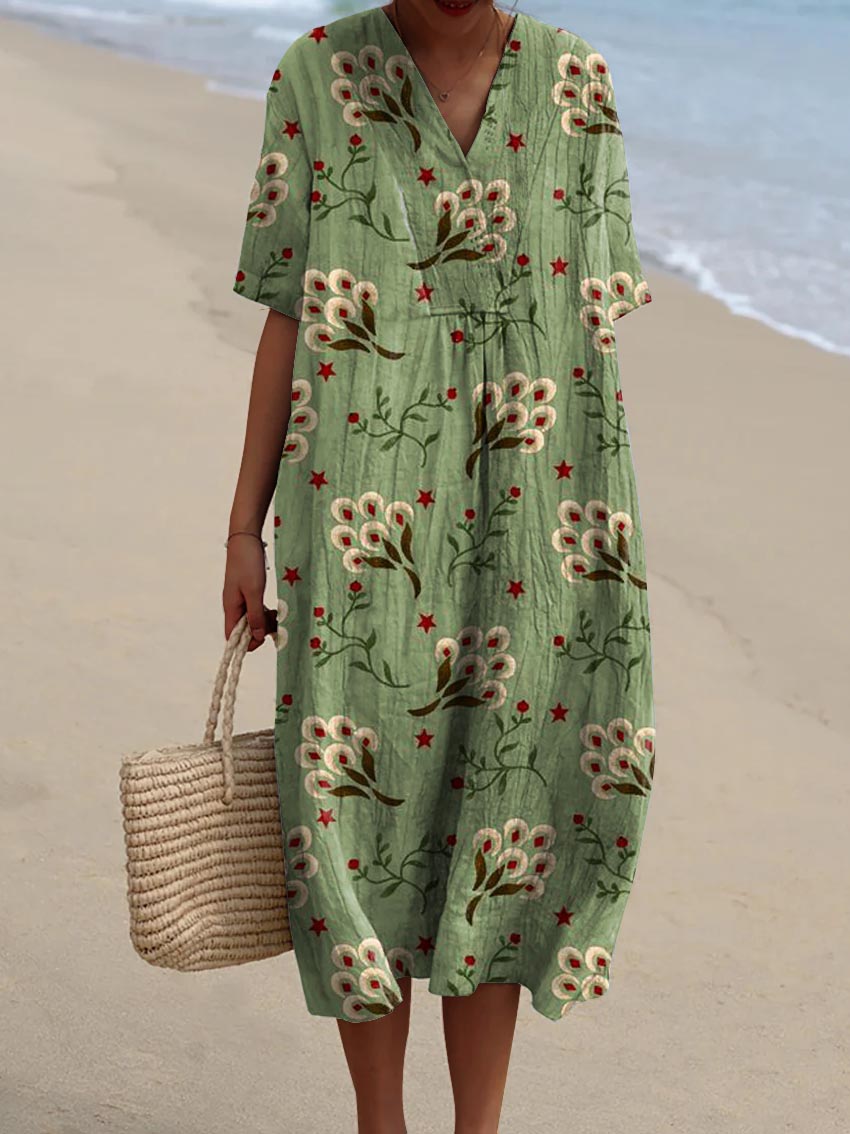 Women's Vintage Lovely Floral Art Print Flowy Dress