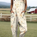 Women's Retro Art Floral Butterfly Print Casual 100% Cotton Wide Leg Jumpsuit