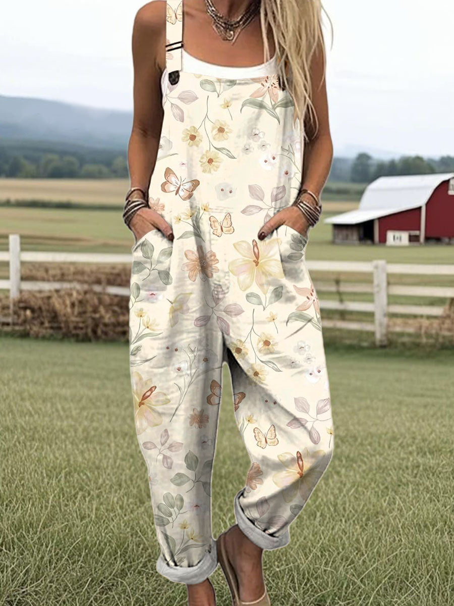 Women's Retro Art Floral Butterfly Print Casual 100% Cotton Wide Leg Jumpsuit