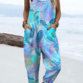 Women's  Vintage Turtle Art Print Casual 100% Cotton Wide Leg Jumpsuit
