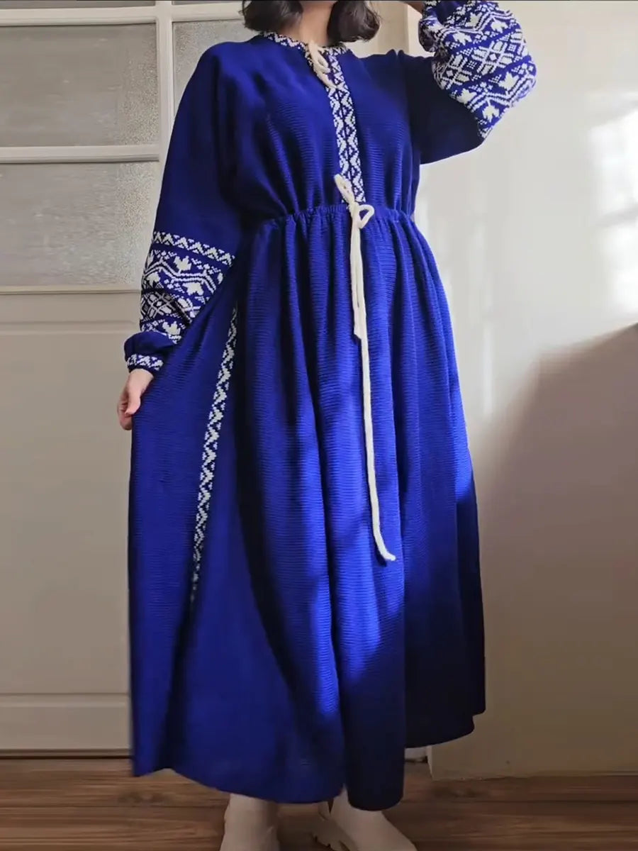 Women's Contrast Print Round Neck Long Sleeve Casual Loose Dress