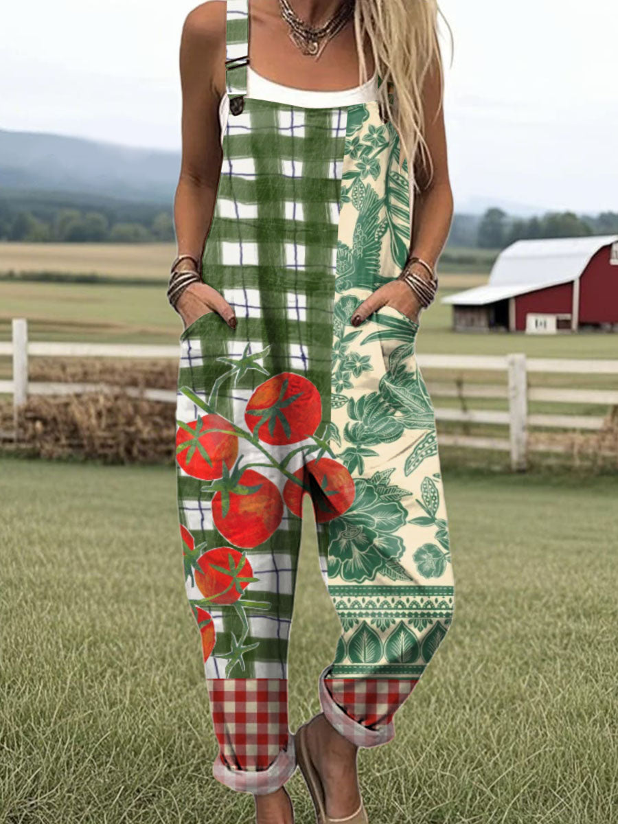 Women's Vintage Patchwork Pattern Art Print Casual 100% Cotton Wide Leg Jumpsuit